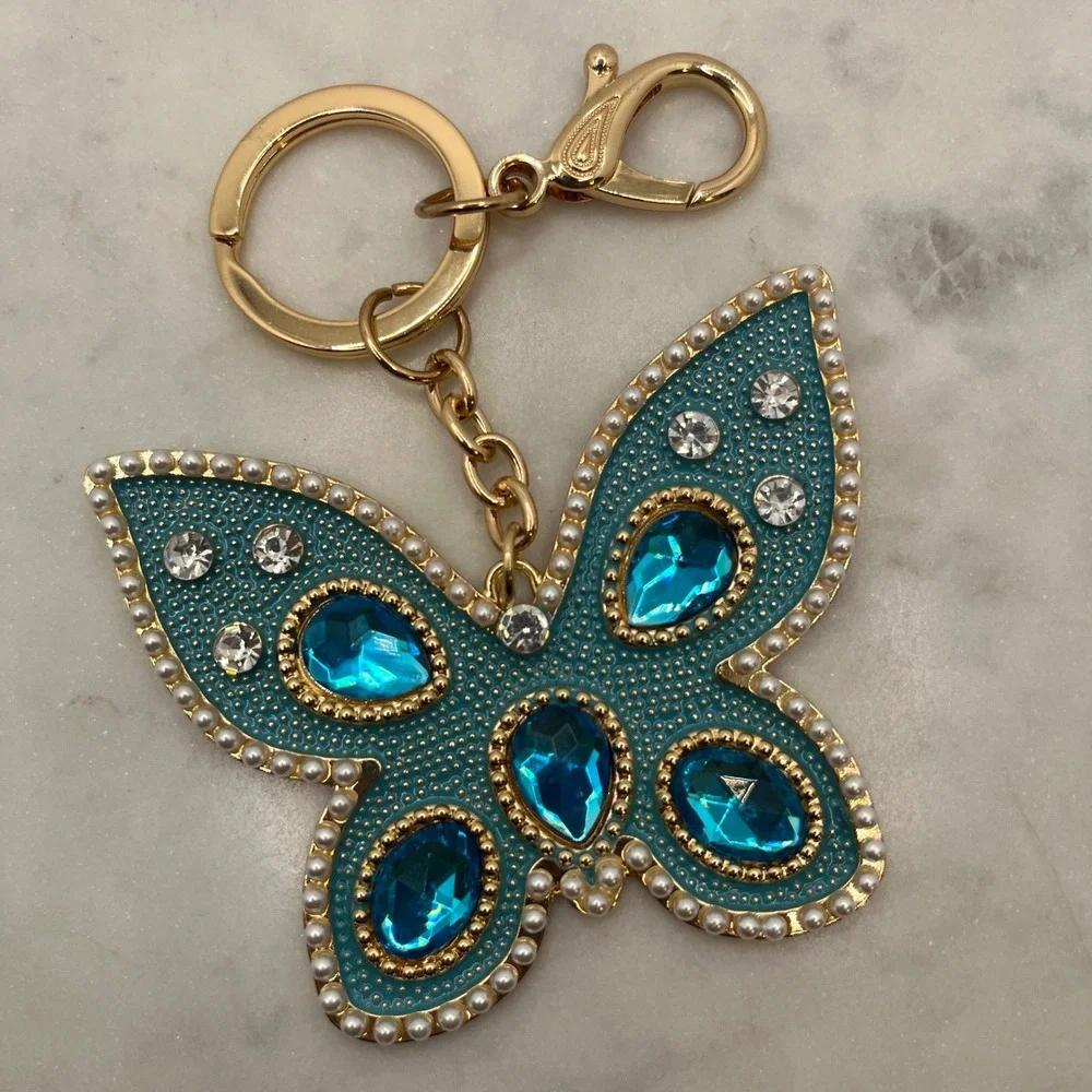Teal‎ Butterfly Keychain Bag Charm Statement Blue Gold Rhinestone New Accessory